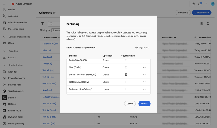 Schema publication dialog showing changes to be applied
