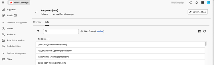 Schema data tab showing data structure and attributes
