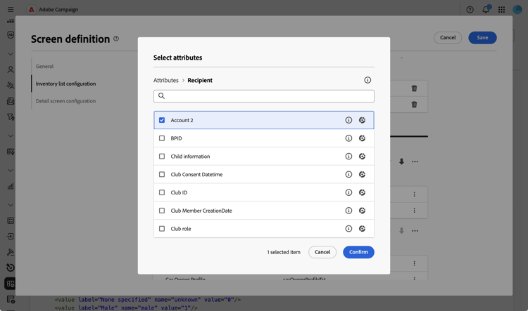 Custom fields screen showing editable attributes