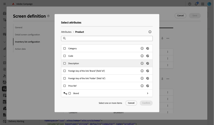 Attribute picker showing direct attributes and link sub-attributes