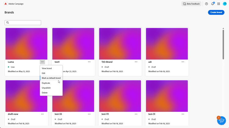 Advanced menu options in Brands dashboard