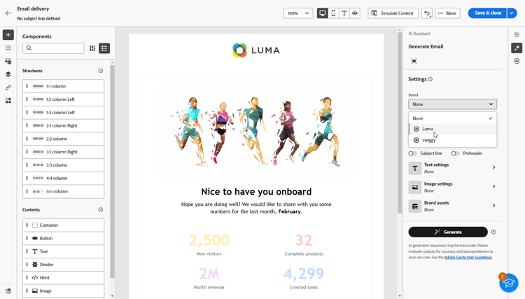 AI assistant menu with Brand drop-down
