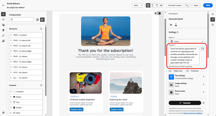 Screenshot showing the Prompt Library in Adobe Campaign Web