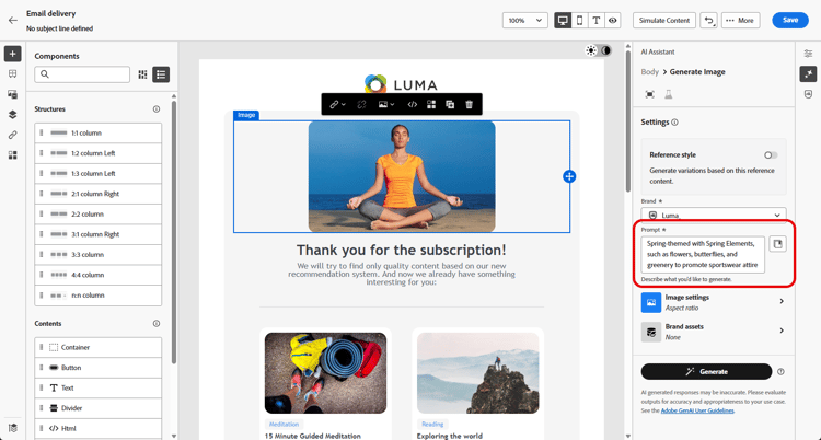 Screenshot showing prompt library for image generation in Adobe Campaign Web