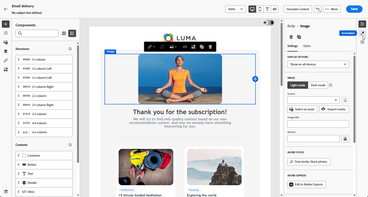 Screenshot showing AI Assistant menu for image generation in Adobe Campaign Web