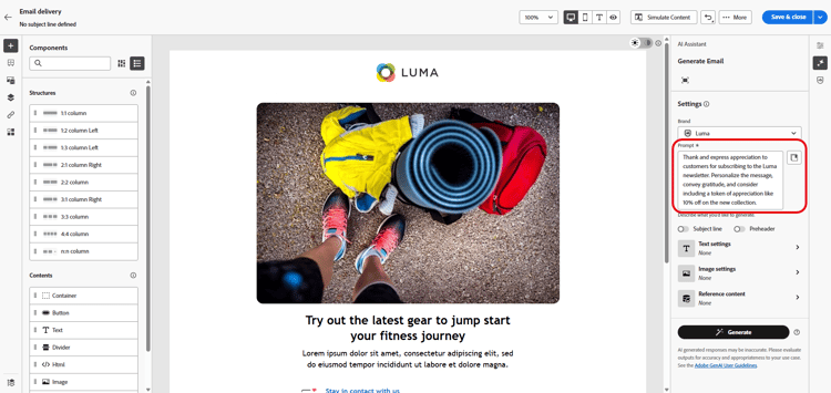 Screenshot showing the Prompt Library in Adobe Campaign Web