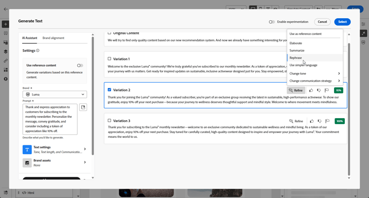Screenshot showing refine options in Adobe Campaign Web