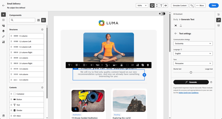 Screenshot showing text settings options in Adobe Campaign Web