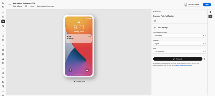 Text settings panel for push notifications