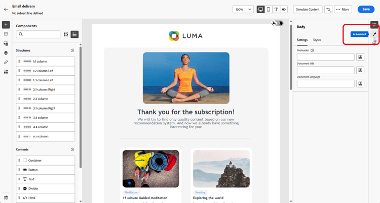 Screenshot showing AI Assistant menu in Adobe Campaign Web