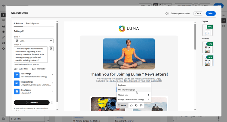 Screenshot showing refine options in Adobe Campaign Web