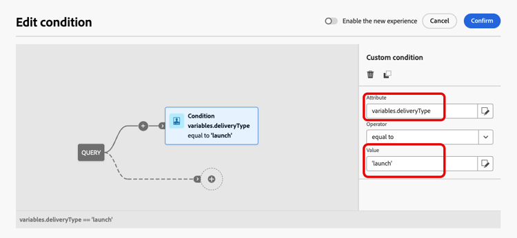 Screenshot showing a condition using a variable with the value 'launch'.