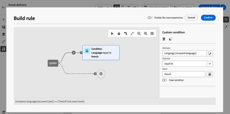 Screenshot showing a condition targeting recipients whose language is French.