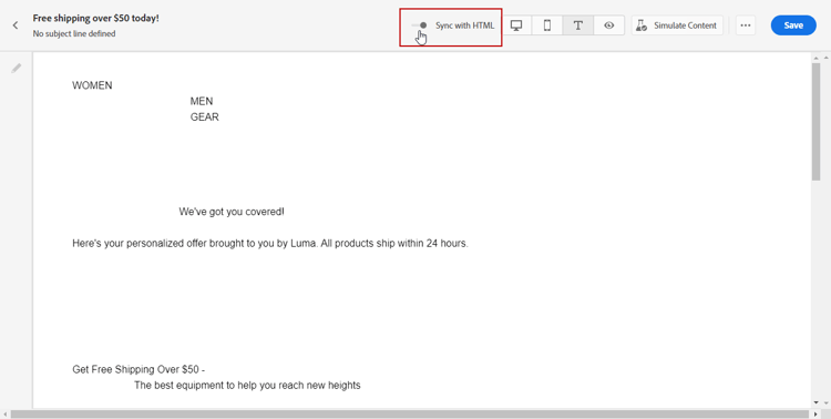 Screenshot showing the Sync with HTML toggle in the Plain text tab.
