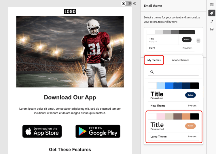My themes list with a user-created theme selected in the theme picker