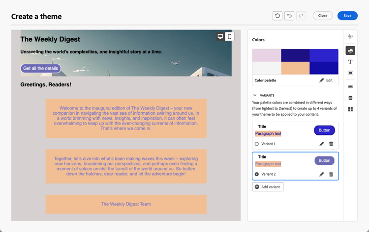 Generated theme in the editor showing color palette and variant controls