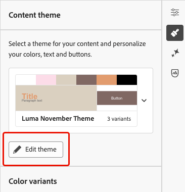 Content template in Email Designer with Edit theme button in the Themes panel