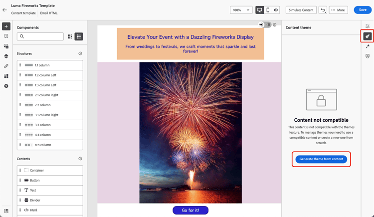 Themes panel with Generate theme from content button highlighted