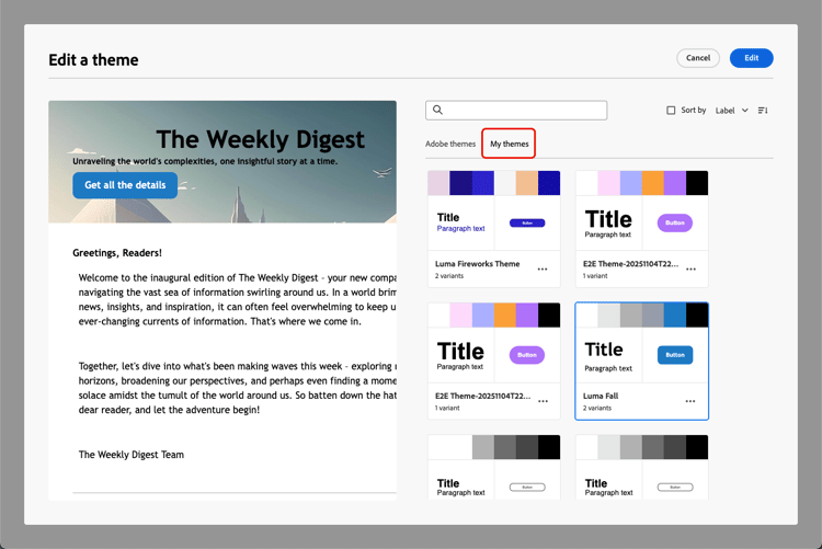 My themes tab listing custom themes with Edit highlighted