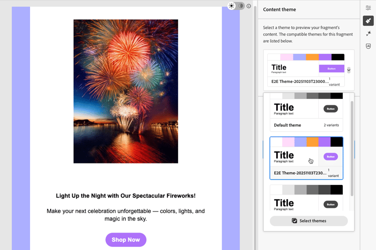 Fragment canvas with multiple themes selected for preview in the Themes panel
