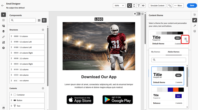 Theme dropdown expanded to show Adobe themes and My themes