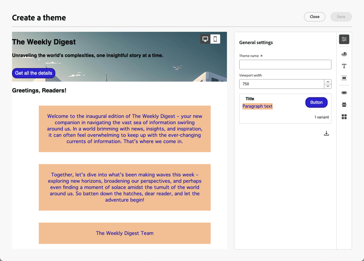 Create a theme dialog summarizing styles detected from template content