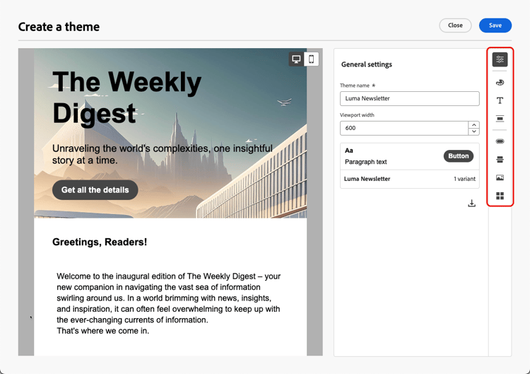 Theme editor right rail with tabs for colors, text, spacing, and other design settings