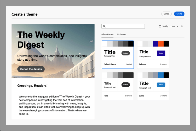 Theme picker with Default theme selected and Create button