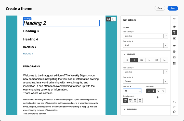 Text settings tab for global font and heading or paragraph styles in a theme