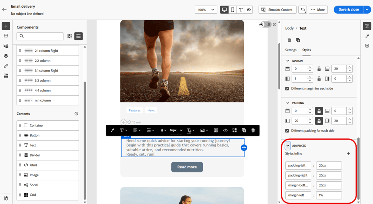The Styles tab with the Advanced drop-down menu open.