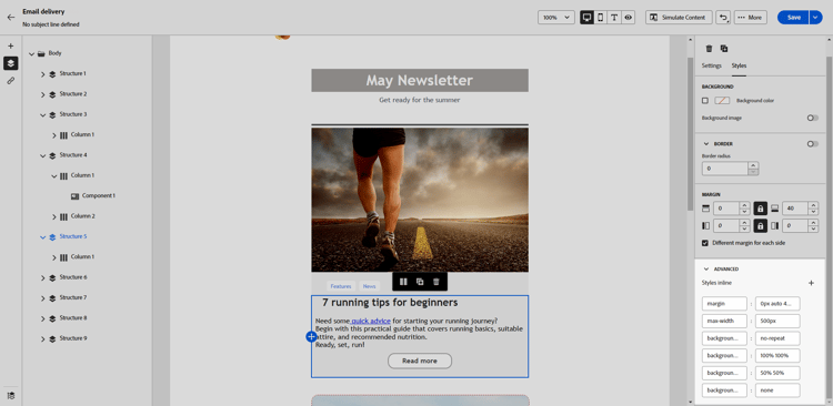 The Styles tab with the Advanced drop-down menu open.