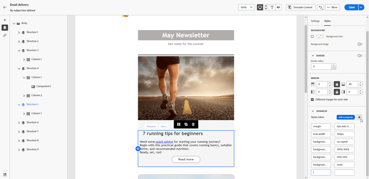 The Advanced section showing the + button to add new CSS-compliant attributes.