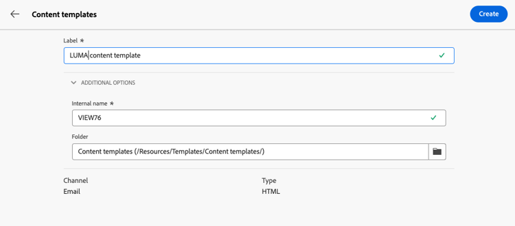 Template details screen for label and properties
