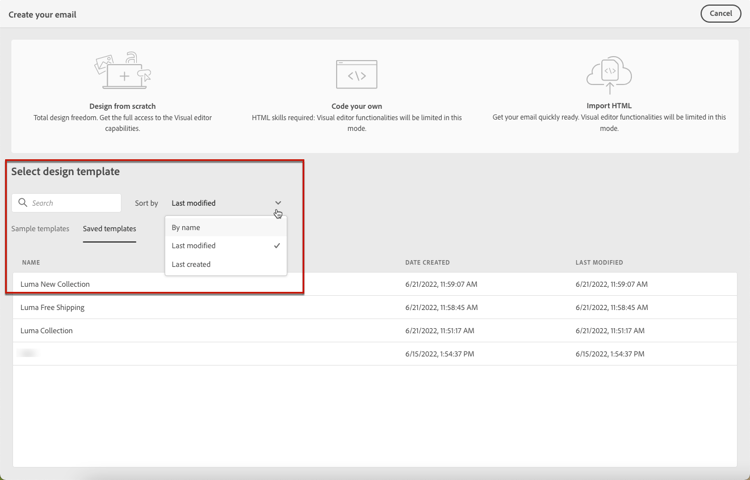 List of saved templates in Email Designer