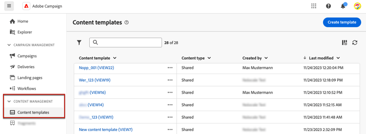 Content template list dashboard showing available templates