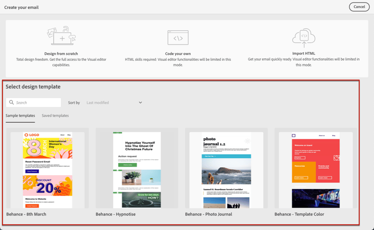 Email Designer options for creating templates