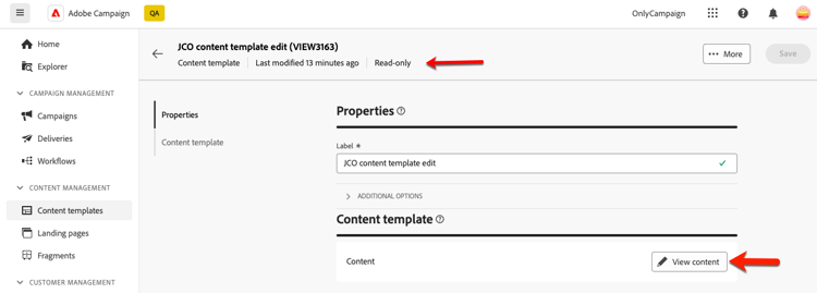 Read-only mode for content templates