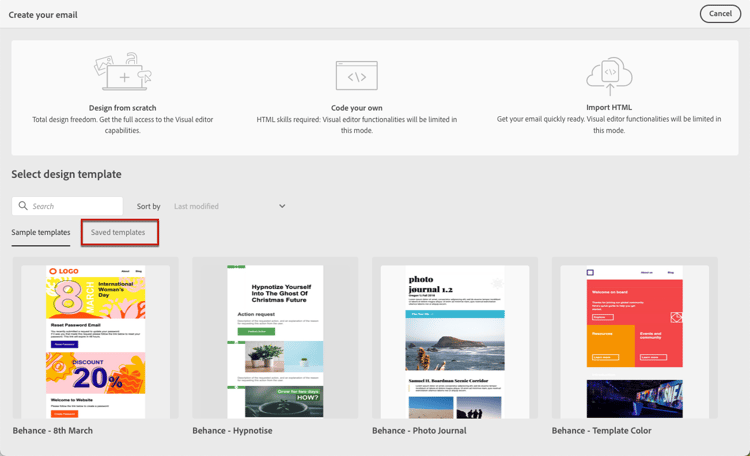Saved templates tab in Email Designer