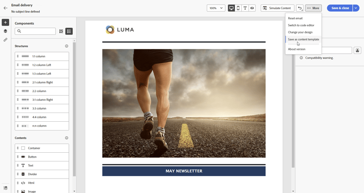 Save as content template option in email designer