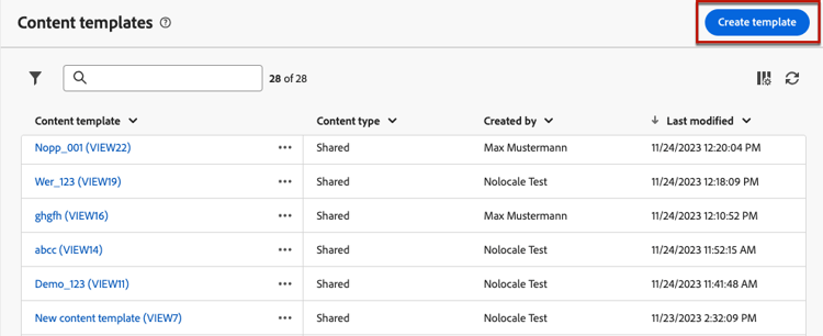 Create content template button in dashboard