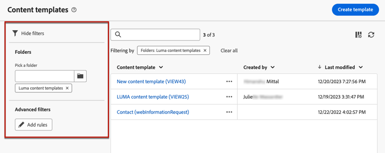 Content template list filters for folders and rules