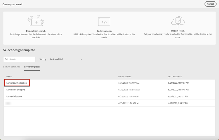 Saved template in Email Designer