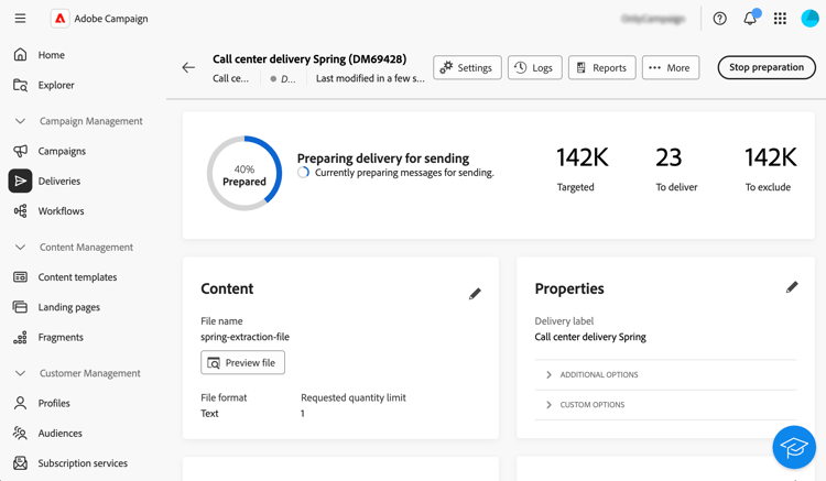 Screenshot showing the prepare option and logs menu