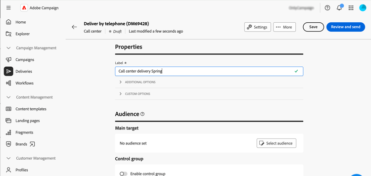 Screenshot showing the properties configuration for a call center delivery
