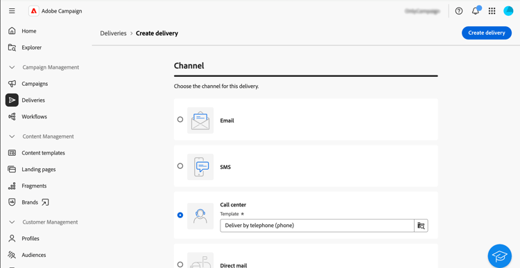 Screenshot showing the creation of a call center delivery