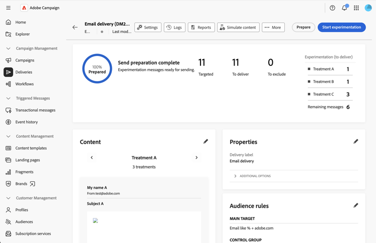 Screenshot showing the start experimentation button