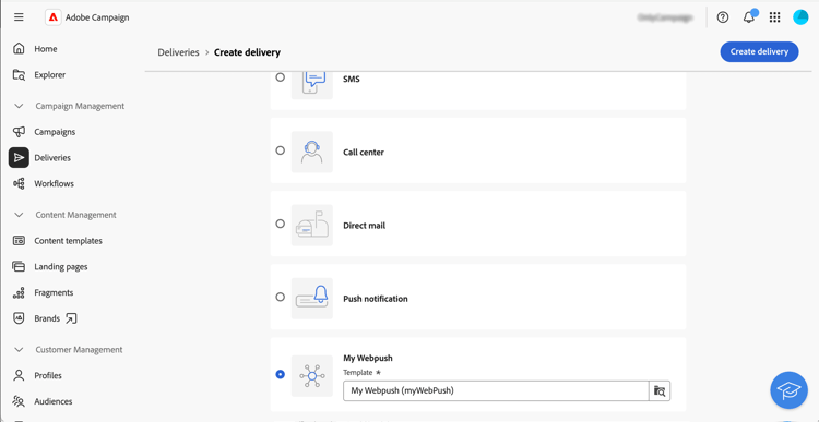 Screenshot showing the creation of a custom delivery