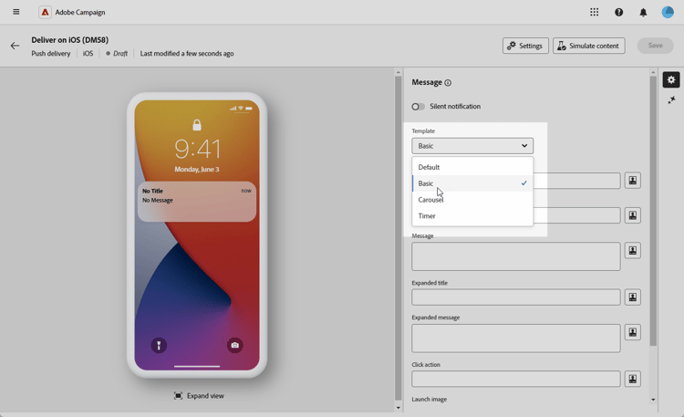 Basic template selection screen