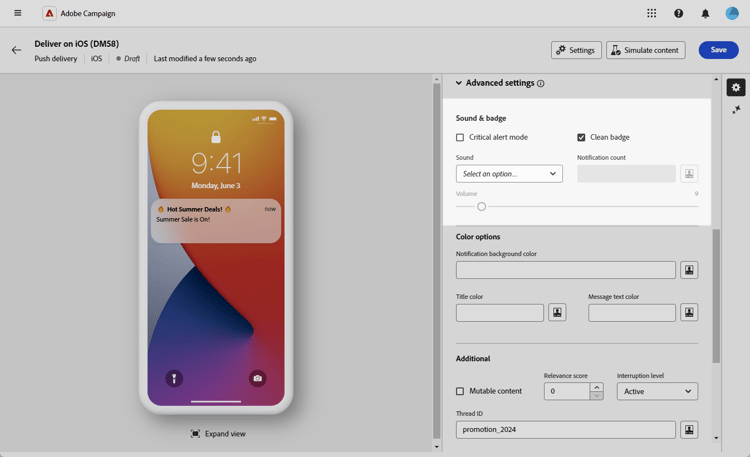Sound and badge settings screen