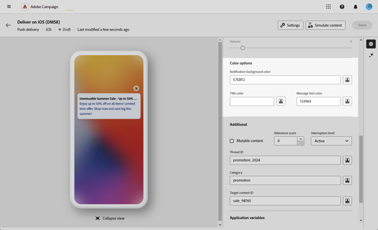 Color options screen